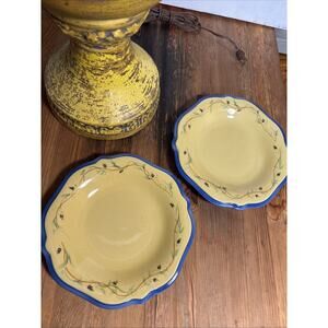 Set 2 Pistoulet Pfaltzgraff Stoneware Plates-Yellow w/ Blue Rim-9" Salad/Fruit